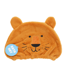 Baby bath hat featuring a lion face with ears, in soft orange fabric with tag