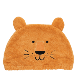 Baby bath hat featuring a lion face with ears, in soft orange fabric