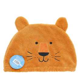 Baby bath hat featuring a lion face with ears, in soft orange fabric with tag