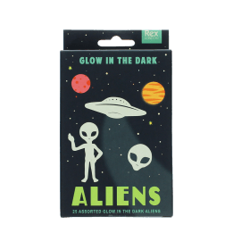 Package of glow-in-the-dark aliens featuring illustrations of planets, a flying saucer, and aliens.