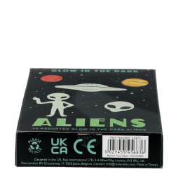 Package of glow-in-the-dark aliens featuring illustrations of planets, a flying saucer, and aliens with barcode