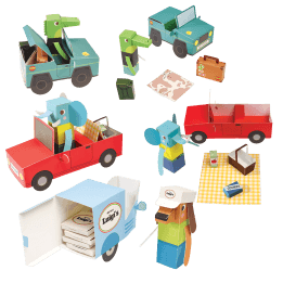 Completed 3D card playset with animal characters and vehicles.