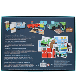 Back of 3D card playset box with safety warnings and multilingual instructions.