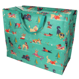 Large rectangular storage bag printed with dogs in Christmas-themed outfits, with handles