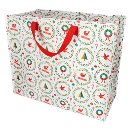 Large rectangular storage bag with a festive Christmas design and a red carrying handles