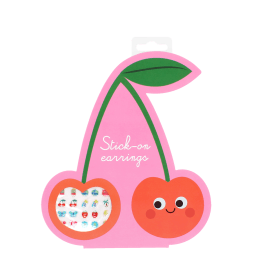 Stick-on earrings in a pink cherry-shaped packaging