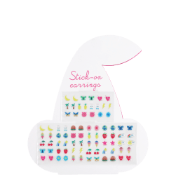 Stick-on earrings displayed in various colourful shapes and designs