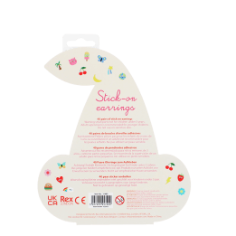 Back of stick-on earrings packaging with colourful icons and multilingual safety warnings.