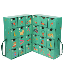 Green advent calendar with 24 numbered drawers and dogs