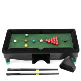 Table top snooker game set up with balls, cues, and rack out of the box