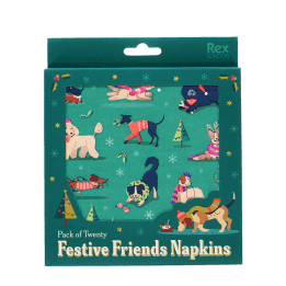 festive friends napkins feature illustrations of dogs with packaging box