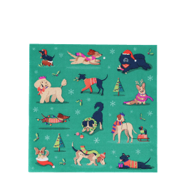 festive friends napkins feature illustrations of different dogs in winter clothing