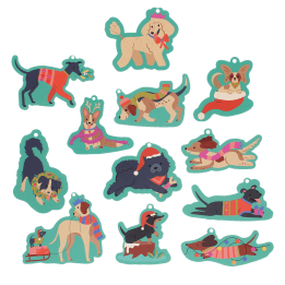 12 Christmas gift tags featuring various dog designs