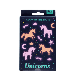 Package of glow-in-the-dark unicorn printed with unicorns, stars, moons, and clouds