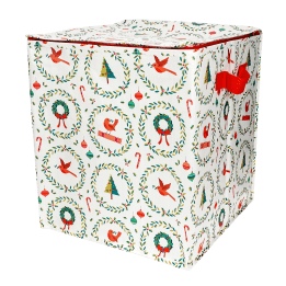Cube-shaped storage bag with festive Christmas illustrations, featuring a red side handle