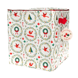 Cube-shaped storage bag with festive Christmas illustrations, featuring a red side handle and a tag
