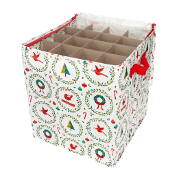 Festive storage bag with compartments for ornaments, decorated with Christmas-themed patterns and red handles
