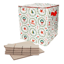 Cube-shaped storage bag with festive Christmas illustrations, featuring a red side handle and flat cardboard inserts in front