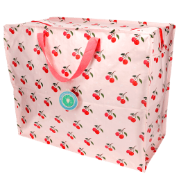 large rectangular bag with a cherry pattern on a light pink background