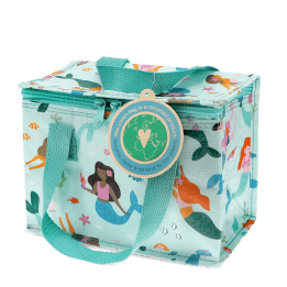 Insulated lunch bag decorated with colourful mermaids and featuring a tag