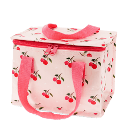 Insulated lunch bag decorated with cherry pattern on a light pink background 