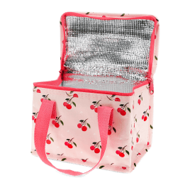 Insulated lunch bag decorated with cherry pattern on a light pink background and a zip opening
