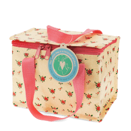 Insulated lunch bag decorated with a floral pattern and featuring a tag