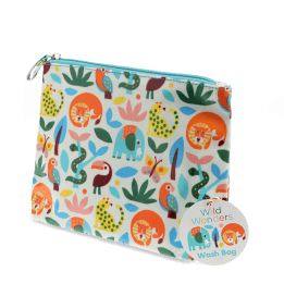 children wash bag with zip featuring wild animals print with tag