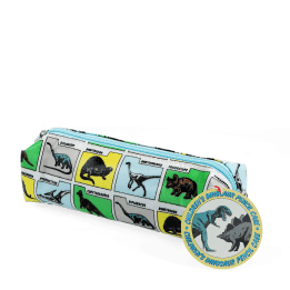 pencil case featuring various dinosaurs print with tag
