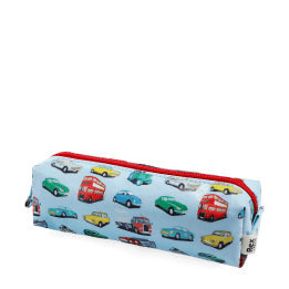 pencil case featuring various vehicles in different colour print with zip
