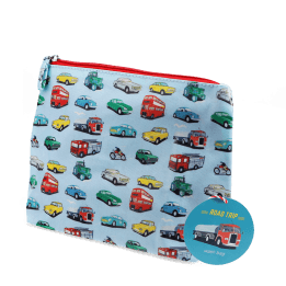children wash bag with zip featuring various vehicles print with tag
