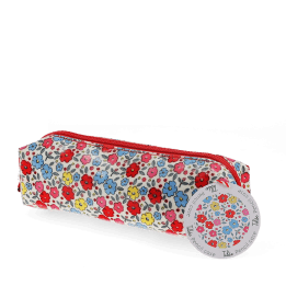 pencil case with pink floral print with zip and tag