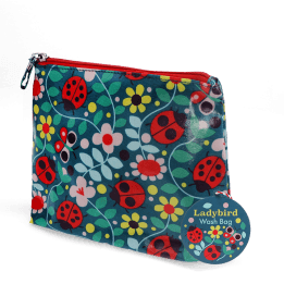 children wash bag with zip featuring ladybird and flowers print with tag