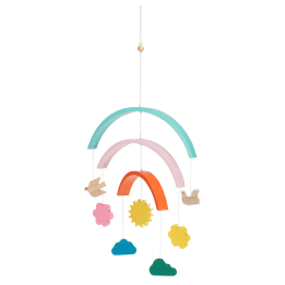Colourful mobile featuring birds, flower, sun, and clouds