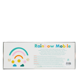 Back of rainbow mobile packaging showing multilingual safety warnings and product details