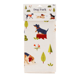 Cotton tea towel featuring an illustration of various dog breeds in a packaging