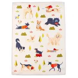 Cotton tea towel featuring an illustration of various dog breeds in playful poses