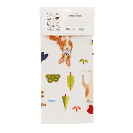 Cotton tea towel featuring an illustration of various dog breeds in a packaging