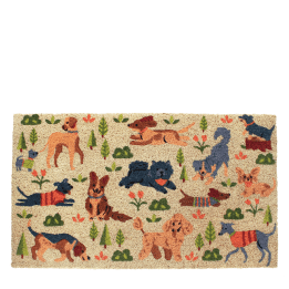 Colourful doormat featuring various dogs in different poses and colors 
