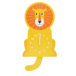 Yellow lion-shaped wooden wall clock featuring a white numbered dial with clock hands and a tail