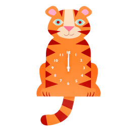 Tiger-shaped wooden wall clock in orange, featuring a white numbered dial with clock hands and a tail