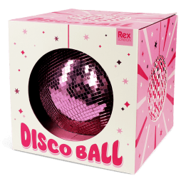 Pink disco ball inside a packaging labelled "DISCO BALL" in bold pink letters