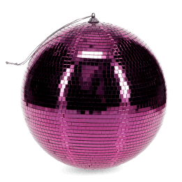 Large disco ball covered in reflective pink tiles, with a string attached at the top for hanging.