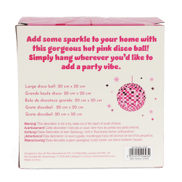 Back of the disco ball packaging shown with multilingual packaging and a warning label