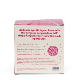 Back of the disco ball packaging shown with multilingual packaging and a warning label