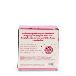 Back of the disco ball packaging shown with multilingual packaging and a warning label