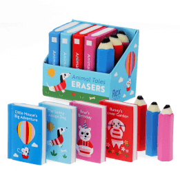 Set of erasers shaped like miniature books and pencils