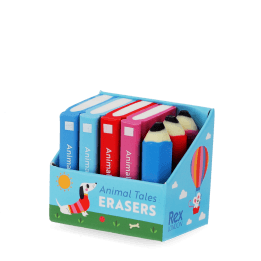 Set of erasers shaped like miniature books and pencils