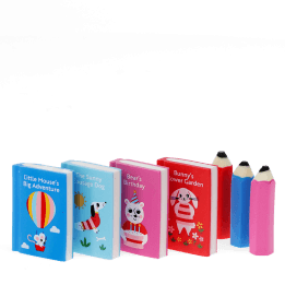 Set of erasers shaped like miniature books and pencils