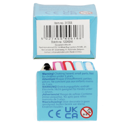 Packaging of book and pencil-shaped erasers with multilingual safety warnings